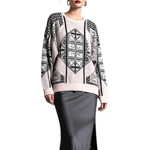 Vtg 80s 90s pink grey black geometric wool blend boxy grandpa sweater XL - Picture 3 of 14